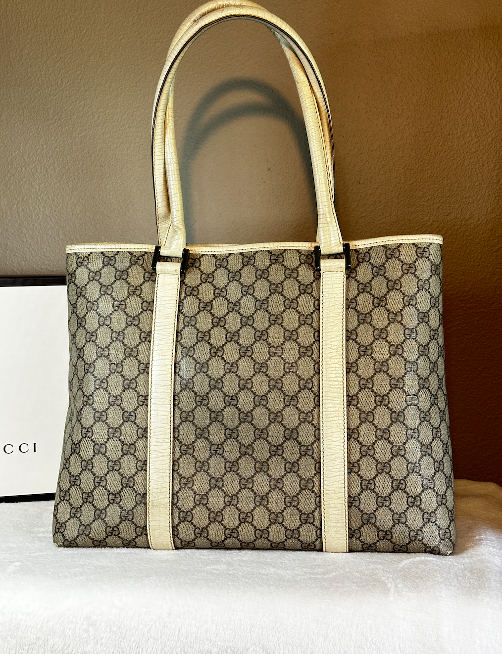 Authentic Gucci GG PVC White & Beige Large Tote