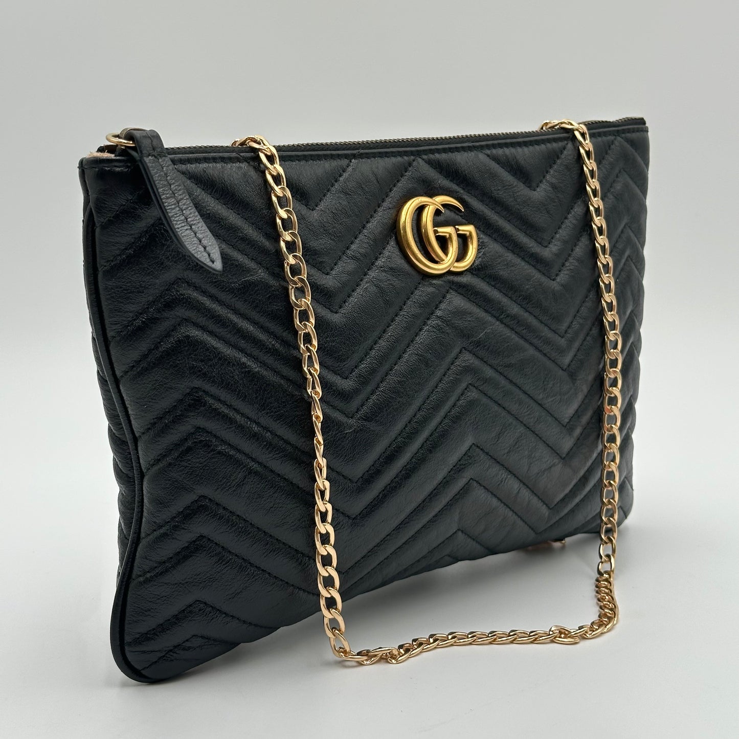 Authentic GUCCI GG Large Black Marmont Zipper Clutch Crossbody