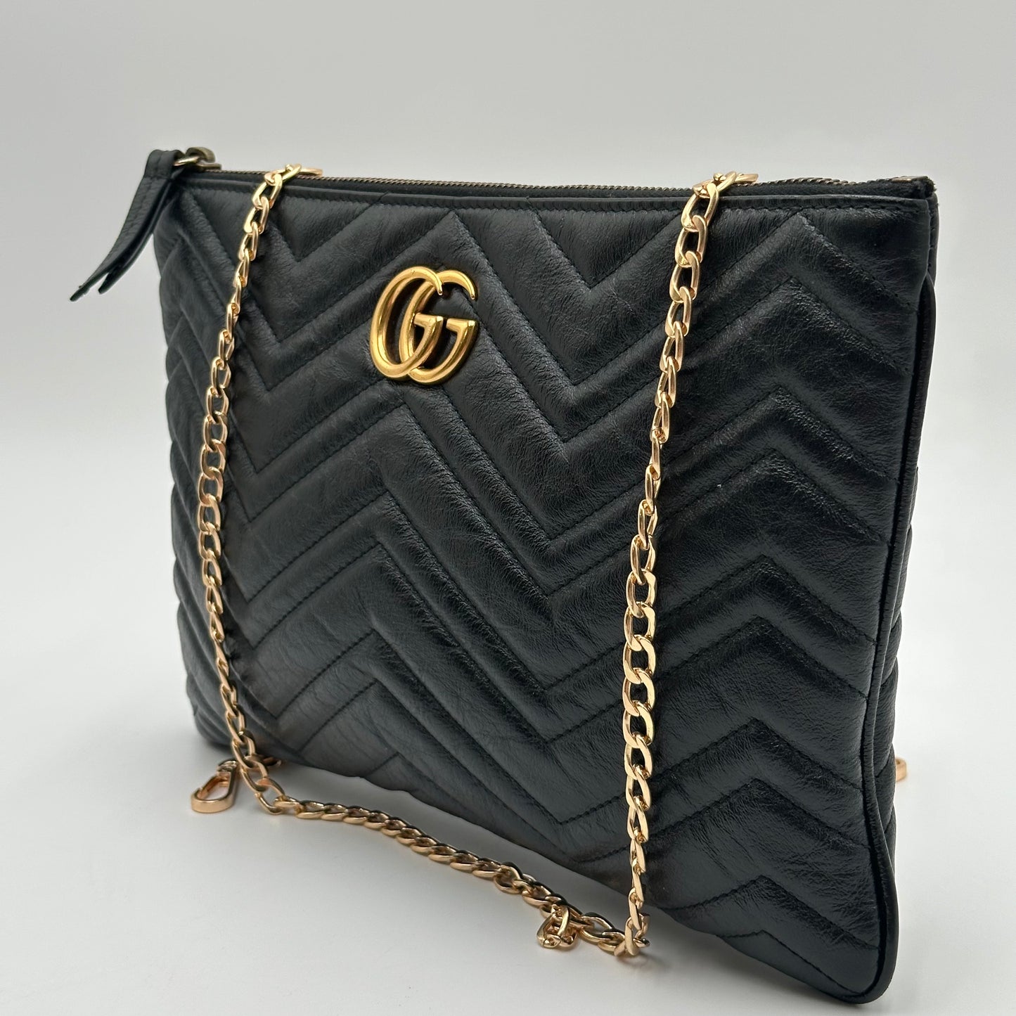 Authentic GUCCI GG Large Black Marmont Zipper Clutch Crossbody