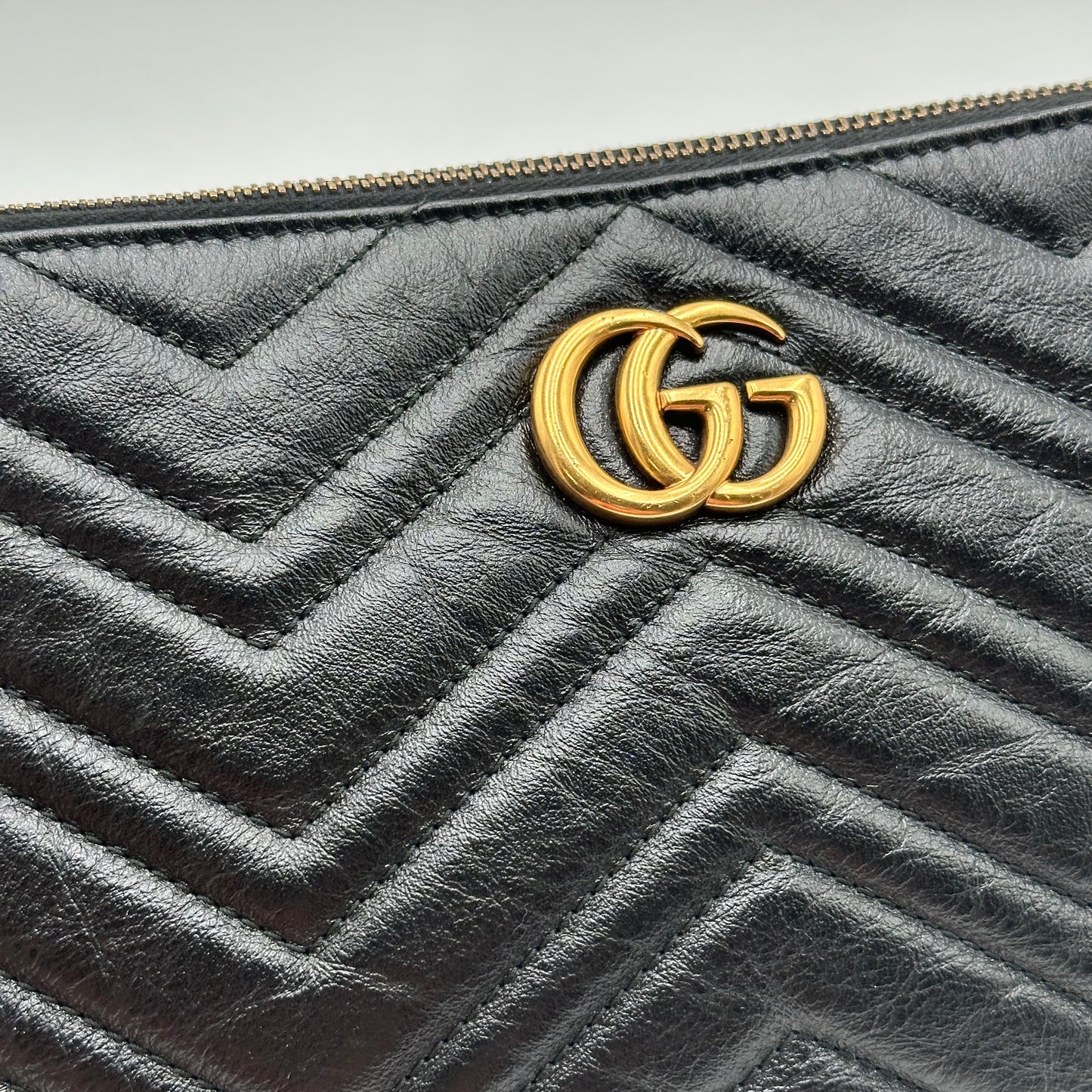 Authentic GUCCI GG Large Black Marmont Zipper Clutch Crossbody