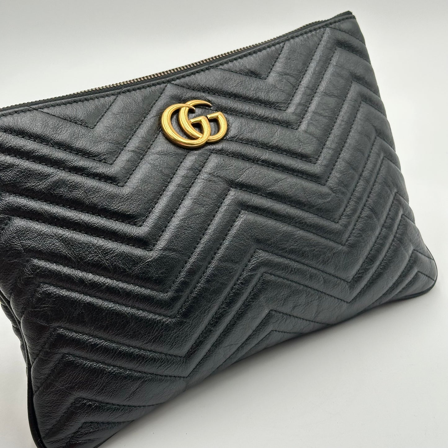 Authentic GUCCI GG Large Black Marmont Zipper Clutch Crossbody