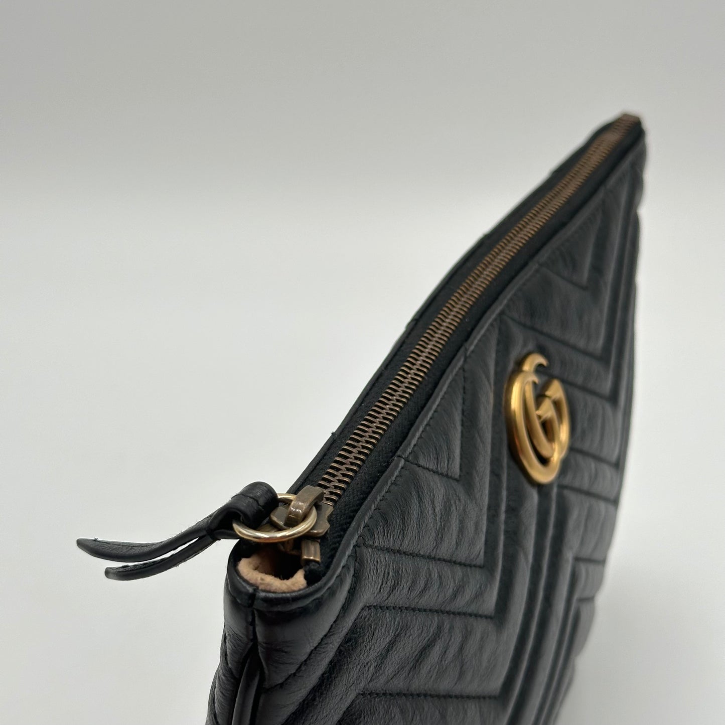 Authentic GUCCI GG Large Black Marmont Zipper Clutch Crossbody