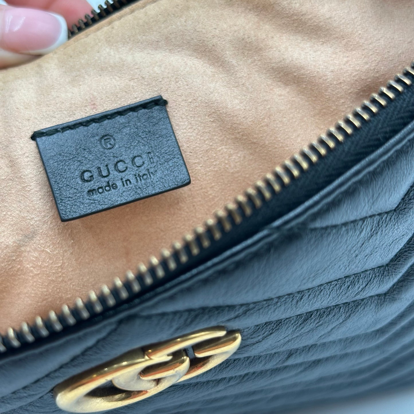 Authentic GUCCI GG Large Black Marmont Zipper Clutch Crossbody