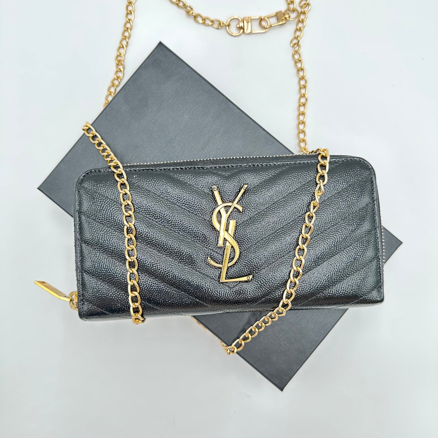 Authentic YSL Black Matelasse Black Full Zipper Wallet