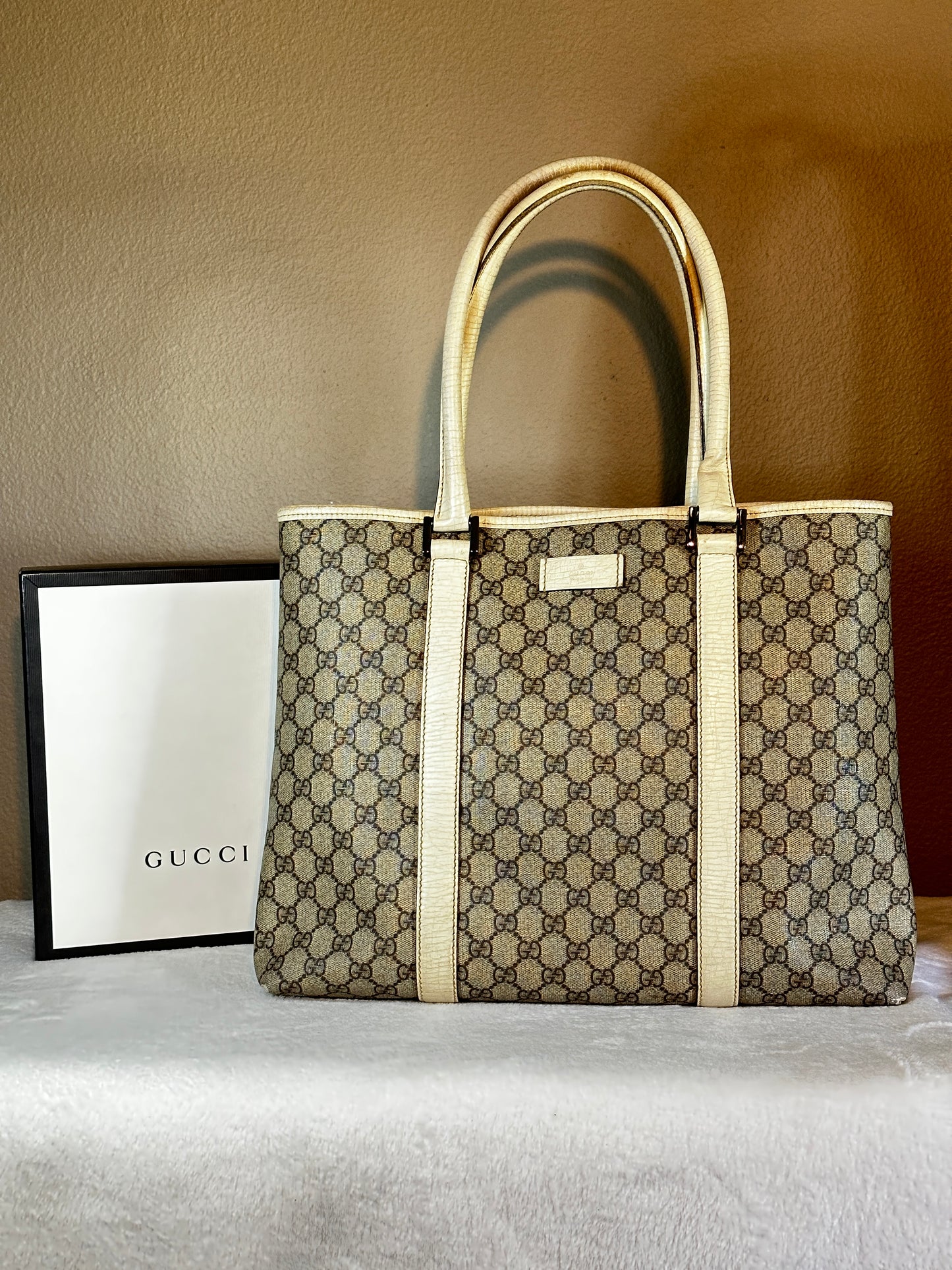 Authentic Gucci GG PVC White & Beige Large Tote