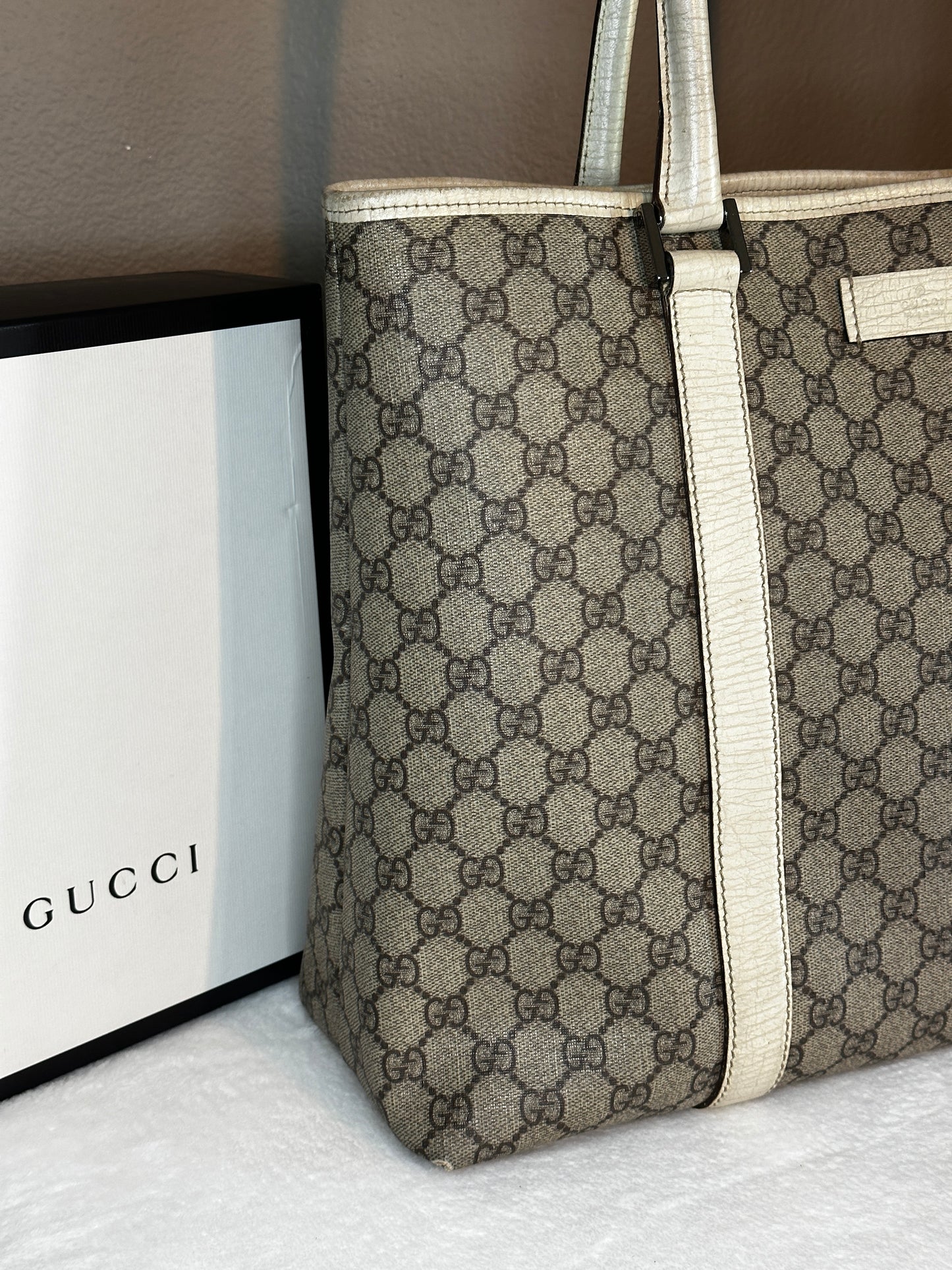 Authentic Gucci GG PVC White & Beige Large Tote
