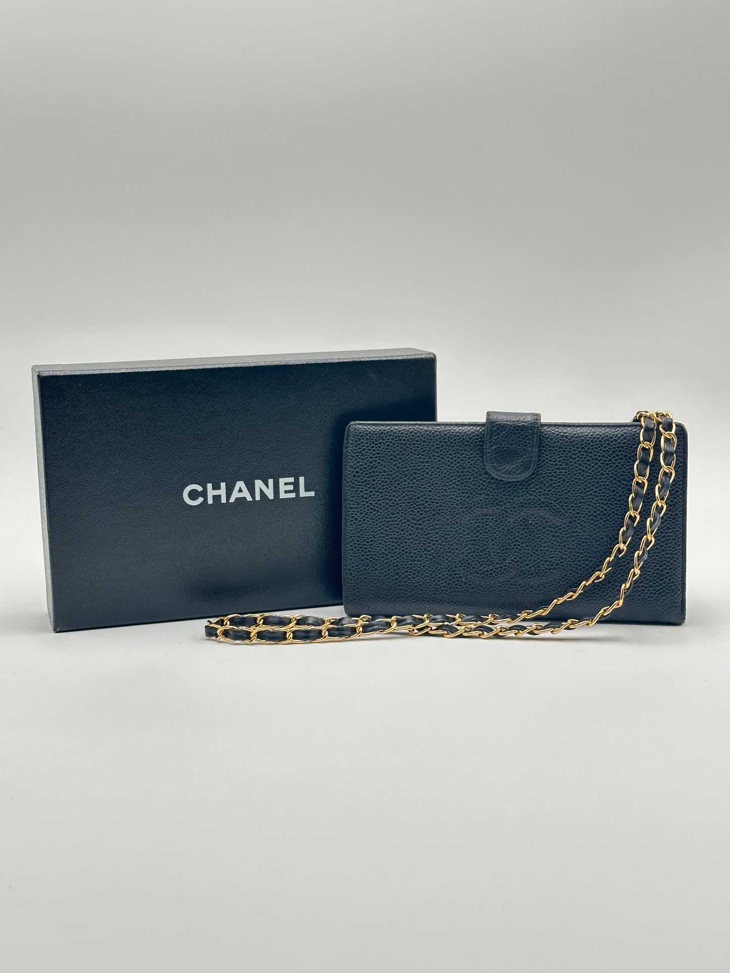 Authentic CHANEL Black Caviar Kisslock Long Bifold