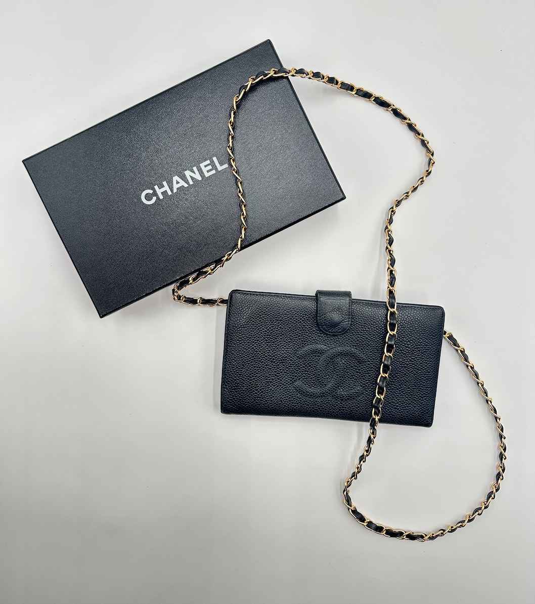 Authentic CHANEL Black Caviar Kisslock Long Bifold