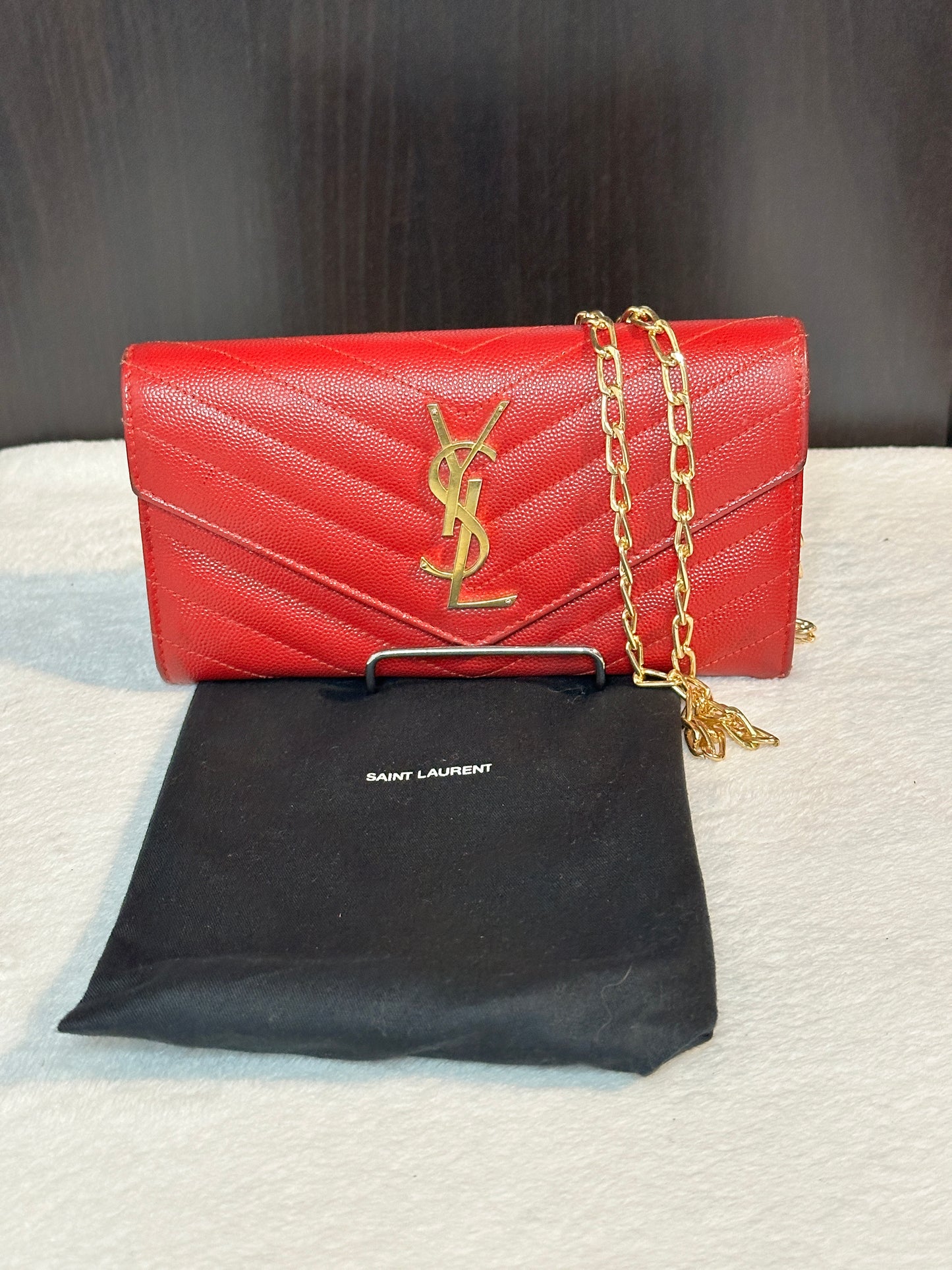 Authentic YSL Red Matelasse Cassandra Envelope Wallet w/ Crossbody Kit