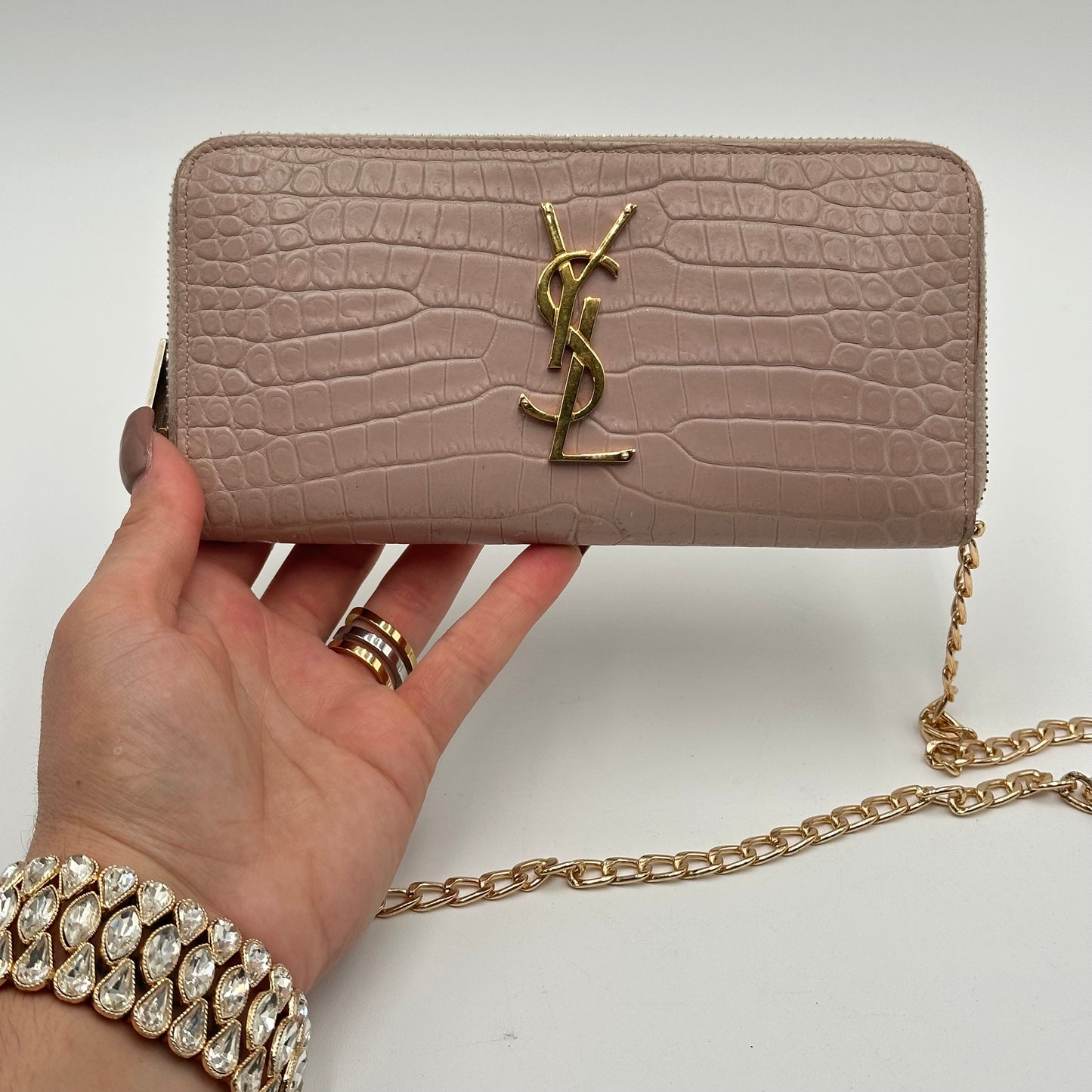 Authentic YSL Crocodile Embossed Full Zip Wallet w/ Crossbody Kit & Gift Box