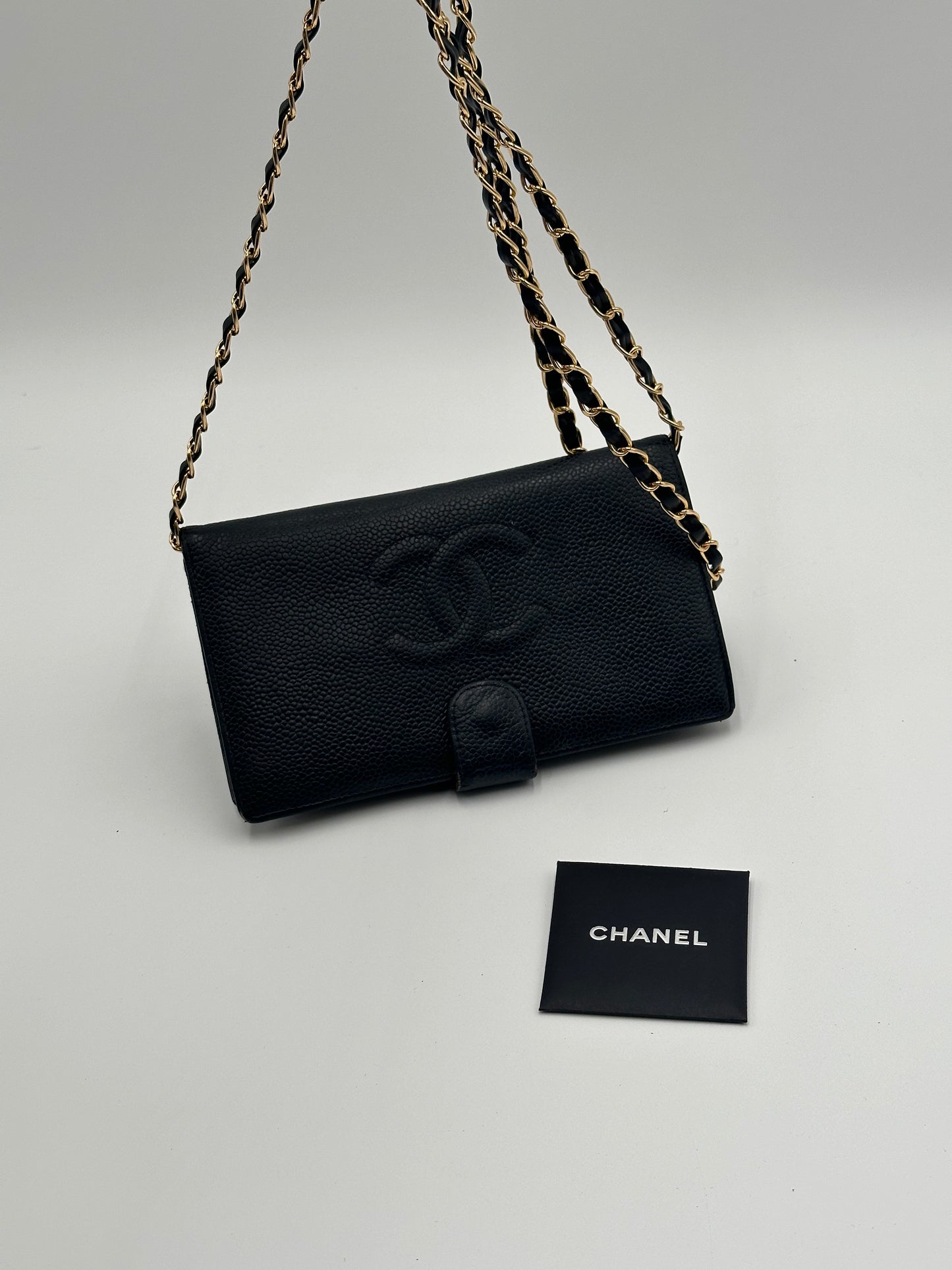 Authentic CHANEL Black Caviar Kisslock Long Bifold