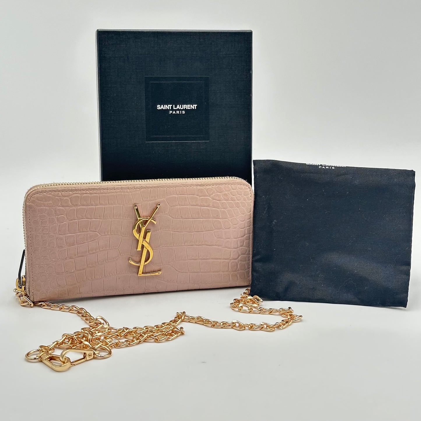 Authentic YSL Crocodile Embossed Full Zip Wallet w/ Crossbody Kit & Gift Box