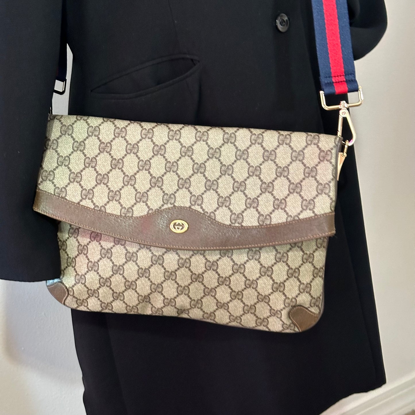 Authentic GUCCI GG Canvas Large Flap Clutch Crossbody