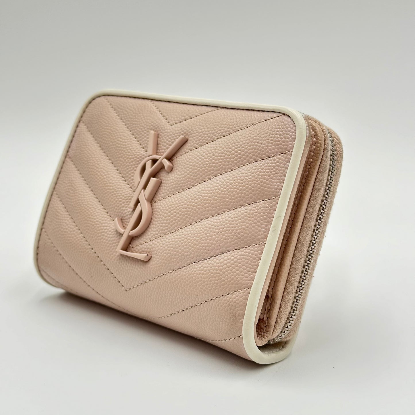 Authentic YSL Blush Pink Matelasse Compact Wallet + SIlver Chain