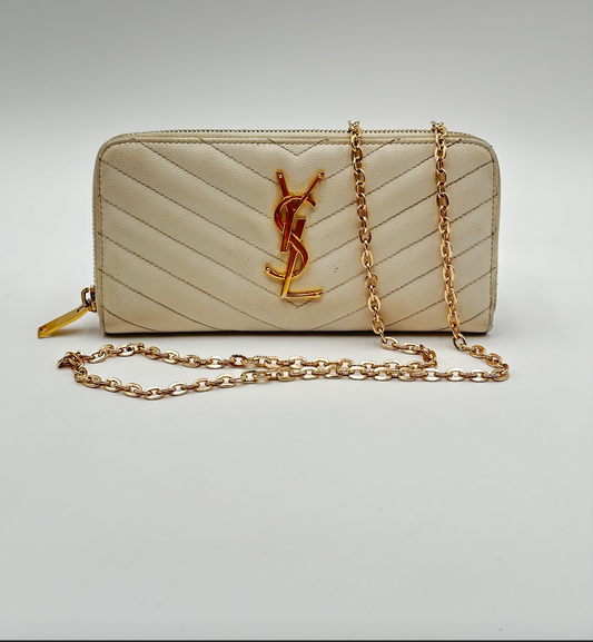 Authentic White YSL Matelasse Full Zip Wallet + Generic Gold Chain