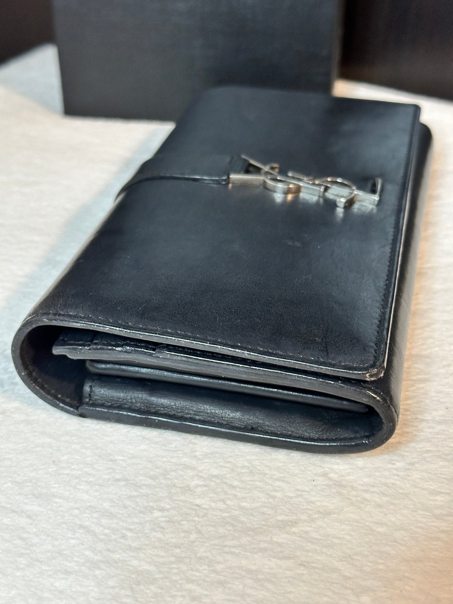 Authentic YSL Navy Blue Calfskin Long Wallet w/ Crossbody Kit