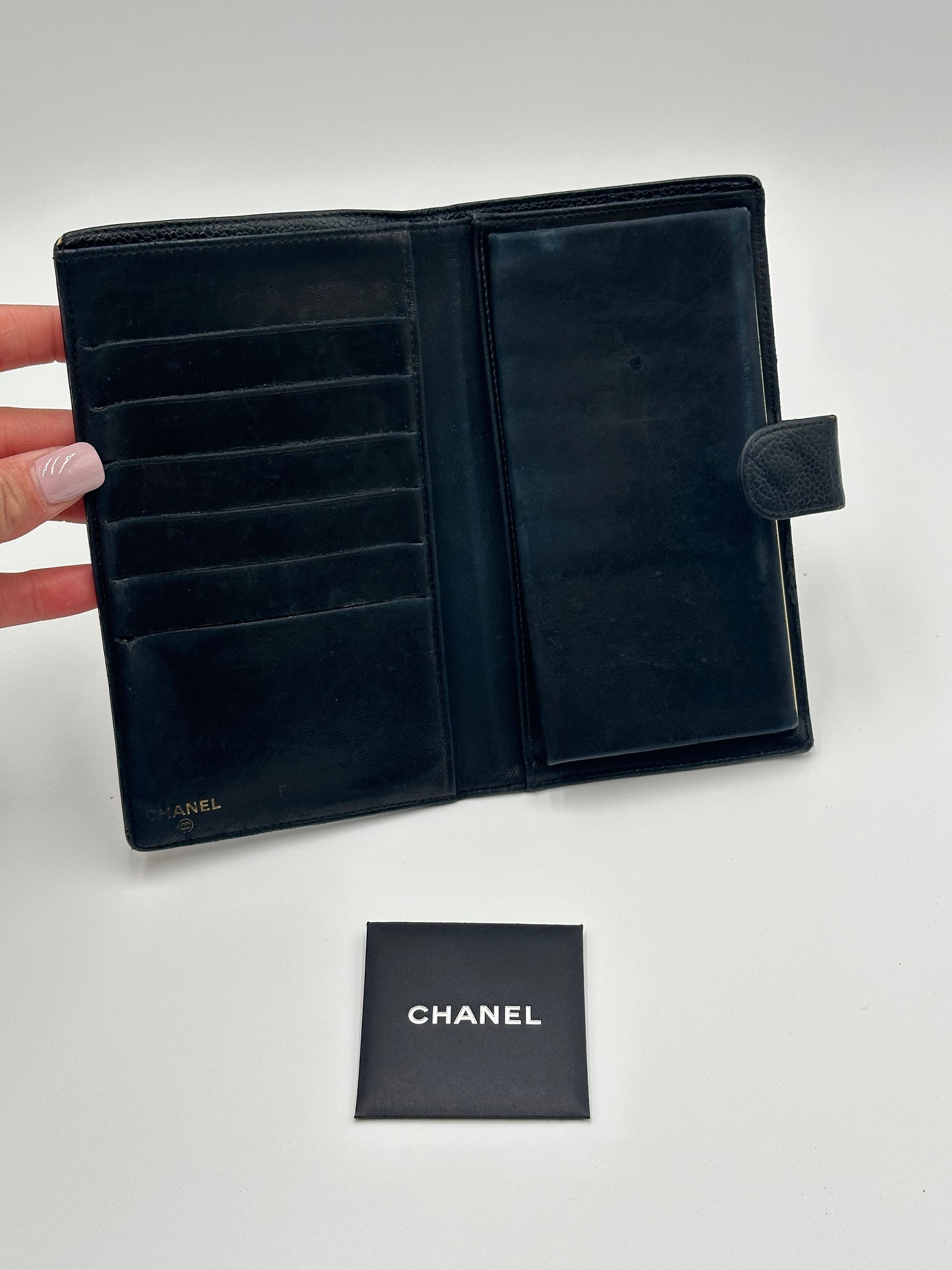 Authentic CHANEL Black Caviar Kisslock Long Bifold