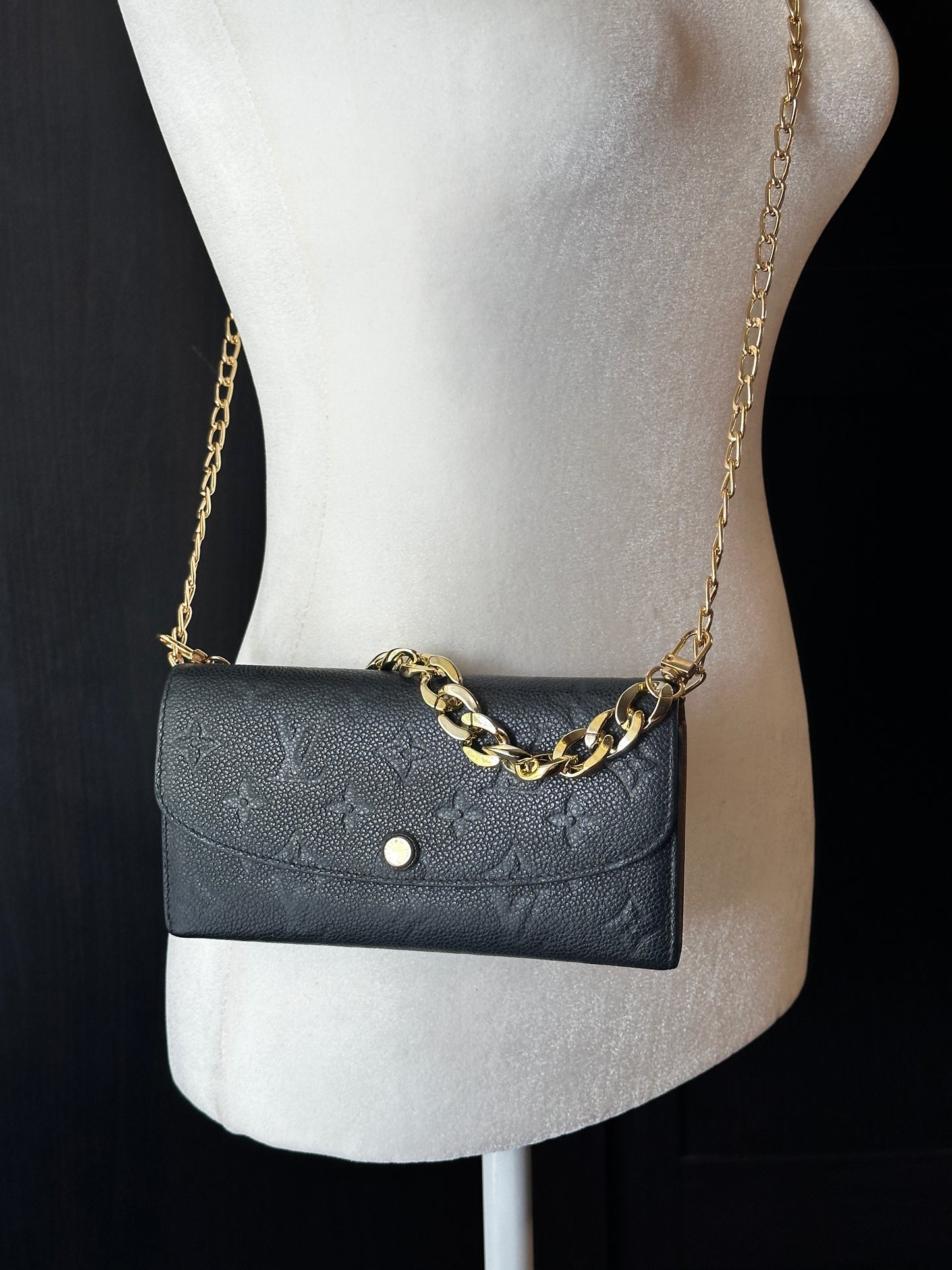 Authentic Louis Vuitton Monogram Black Empreinte Emelie Wallet w/ Crossbody Kit