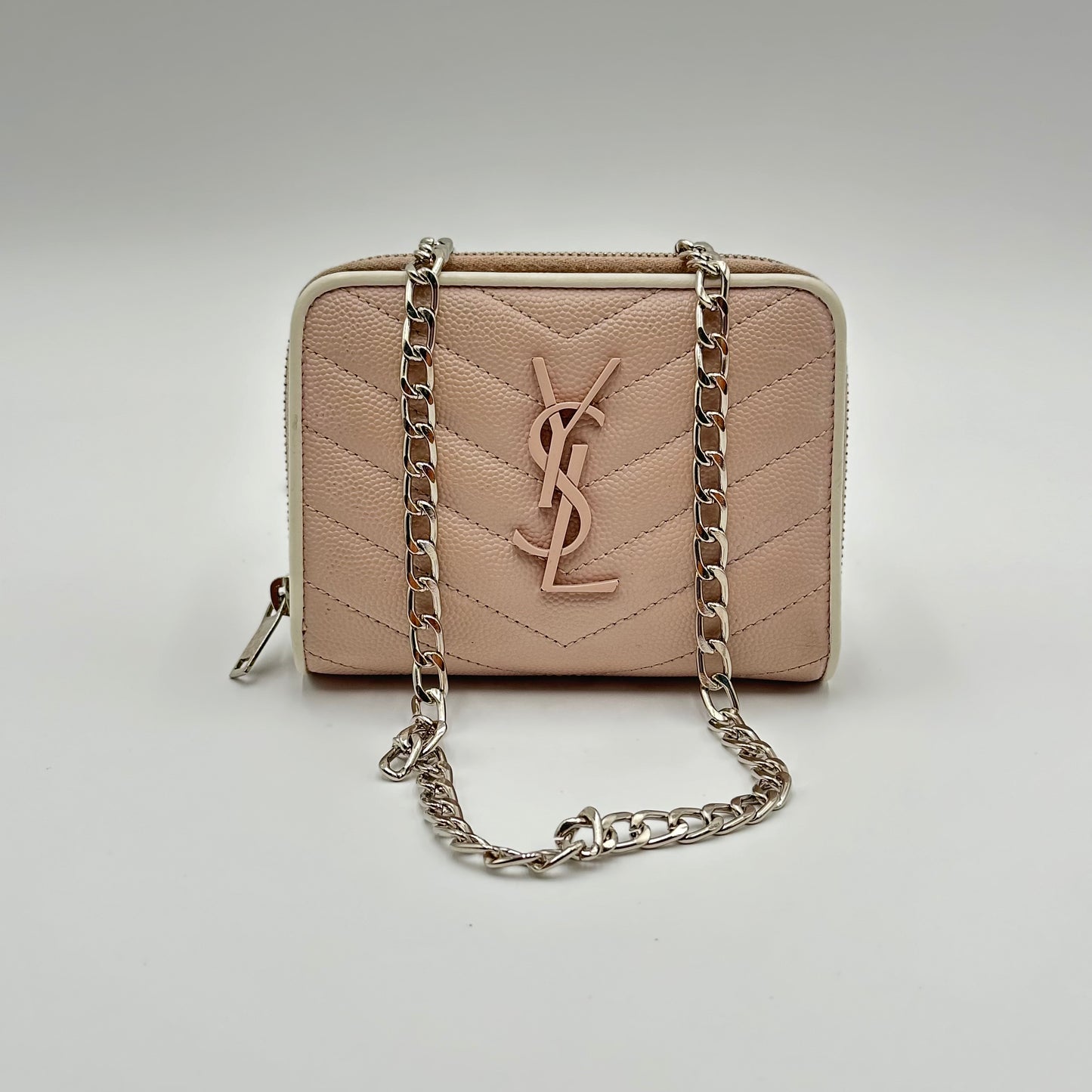 Authentic YSL Blush Pink Matelasse Compact Wallet + SIlver Chain