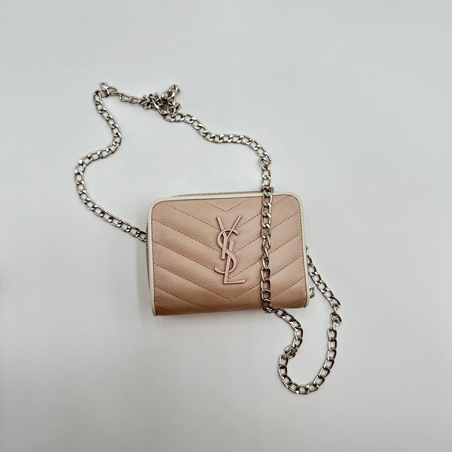 Authentic YSL Blush Pink Matelasse Compact Wallet + SIlver Chain