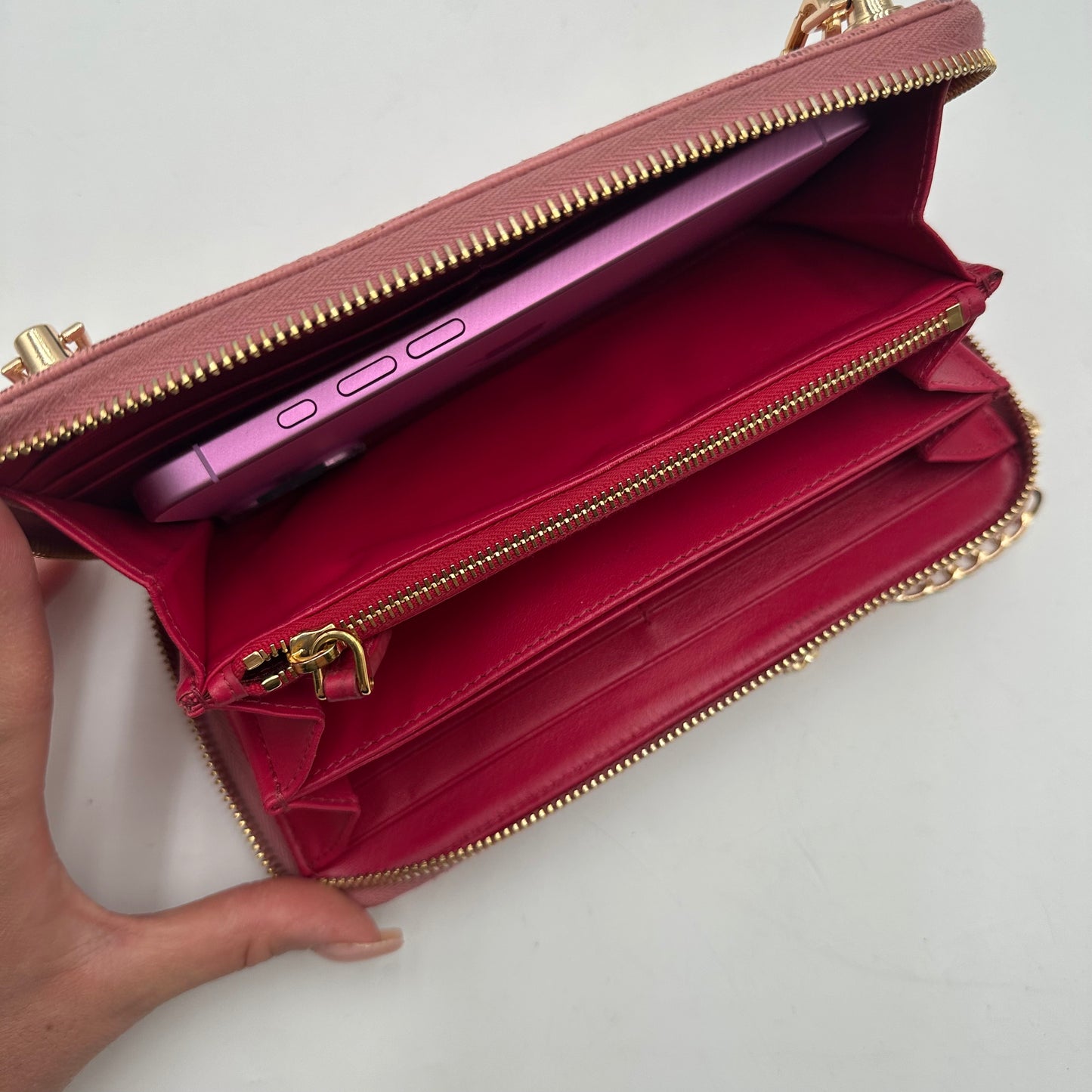 Authentic PRADA Pink Saffiano Full Zip Wallet Crossbody