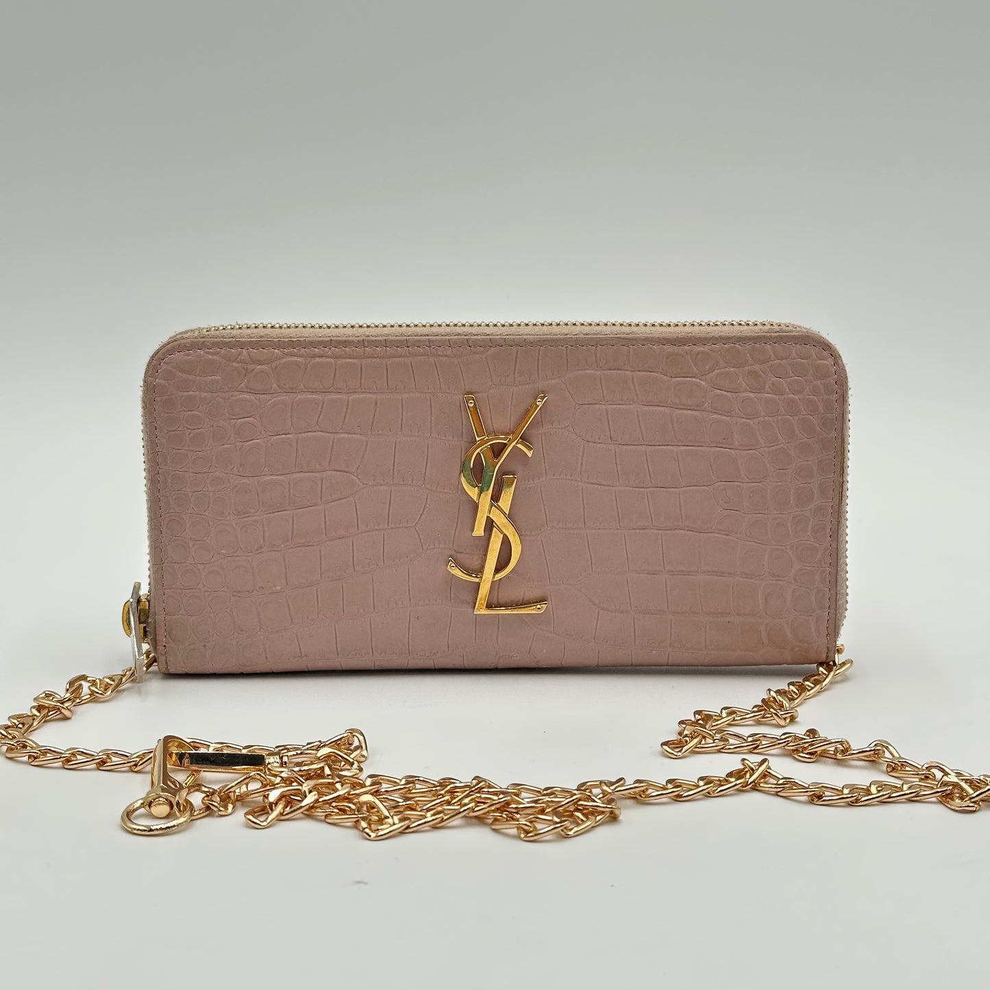 Authentic YSL Crocodile Embossed Full Zip Wallet w/ Crossbody Kit & Gift Box