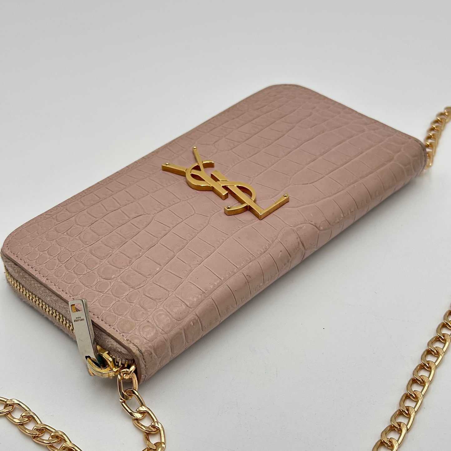 Authentic YSL Crocodile Embossed Full Zip Wallet w/ Crossbody Kit & Gift Box