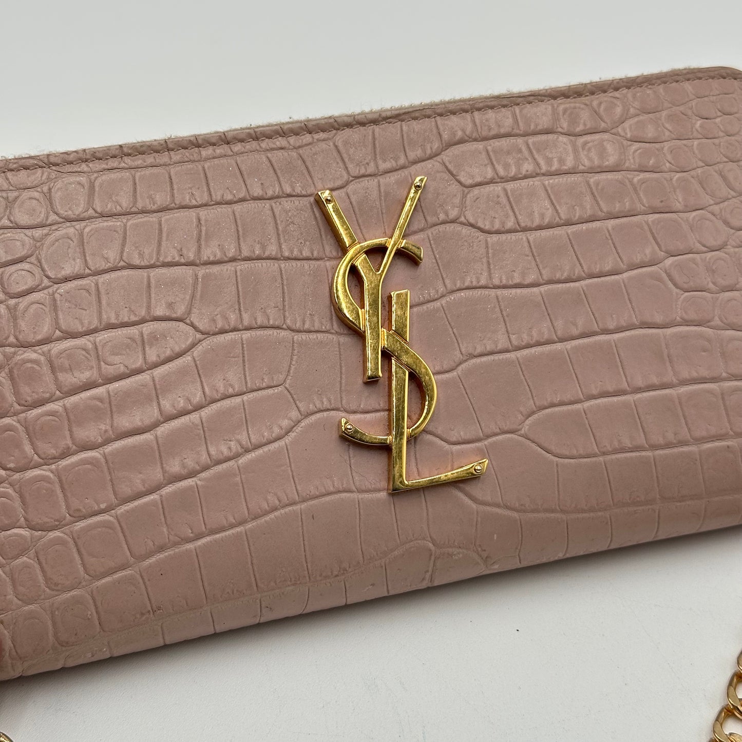 Authentic YSL Crocodile Embossed Full Zip Wallet w/ Crossbody Kit & Gift Box