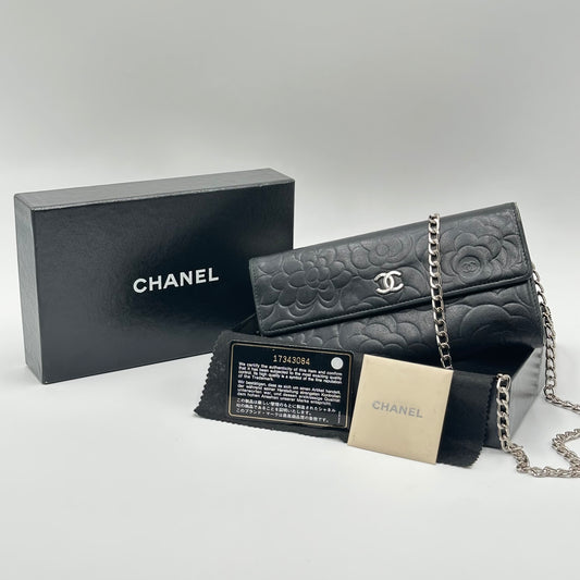 Authentic CHANEL 𝑩𝒍𝒂𝒄𝒌 𝑪𝑪 𝑪𝒂𝒎𝒆𝒍𝒍𝒊𝒂 𝑳𝒐𝒏𝒈 𝑾𝒂𝒍𝒍𝒆𝒕 𝑪𝒓𝒐𝒔𝒔𝒃𝒐𝒅𝒚