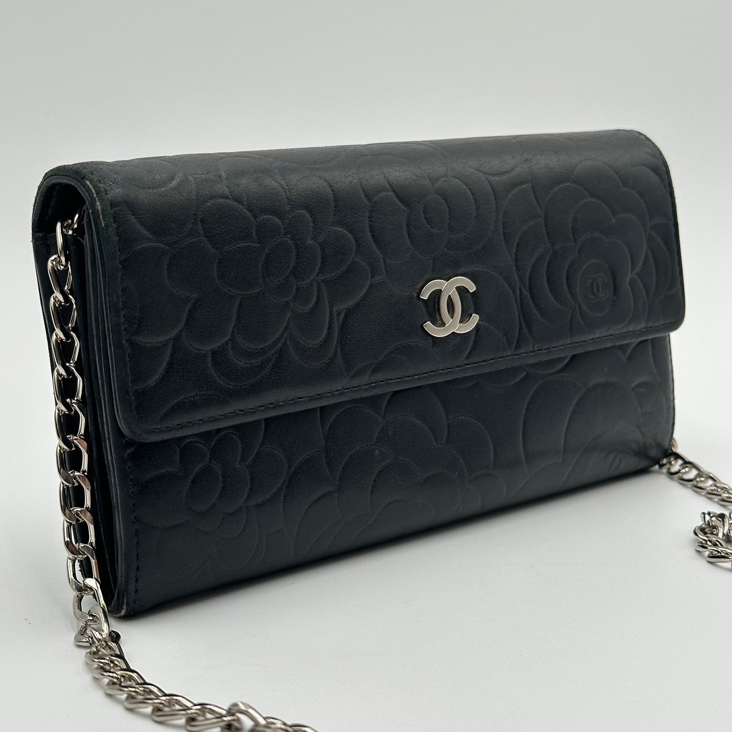 Authentic CHANEL Black CC Camellia Long Wallet Crossbody