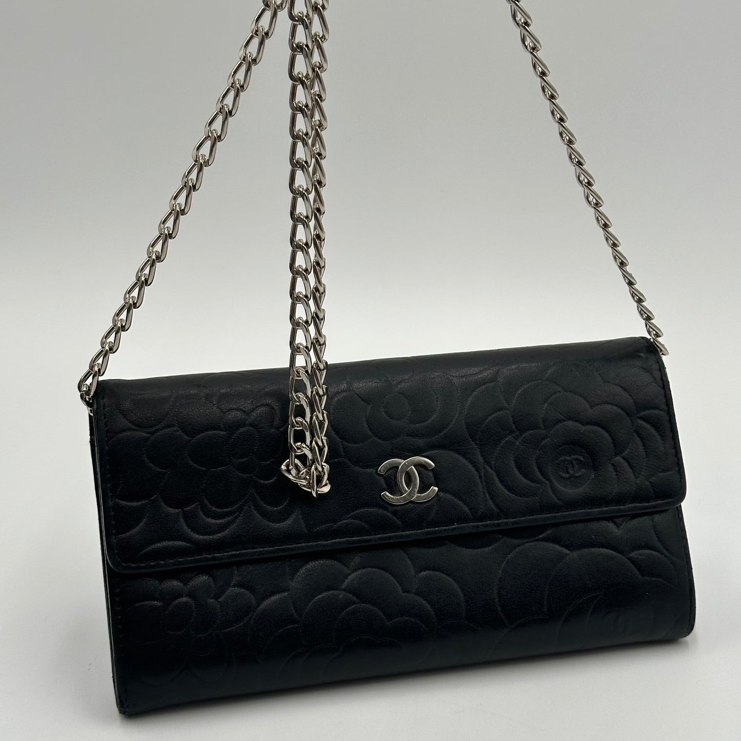 Authentic CHANEL Black CC Camellia Long Wallet Crossbody