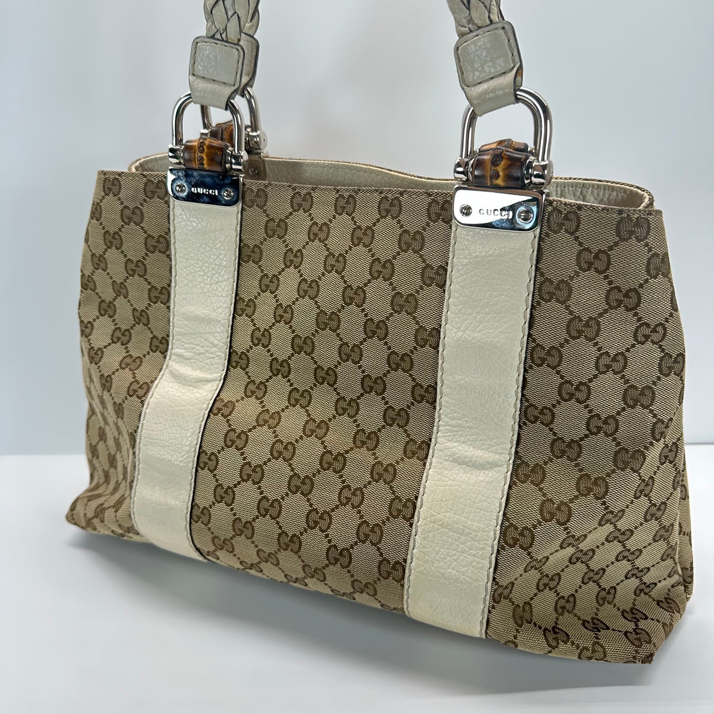 Authentic GUCC Canvas Large Bamboo Bar Tote