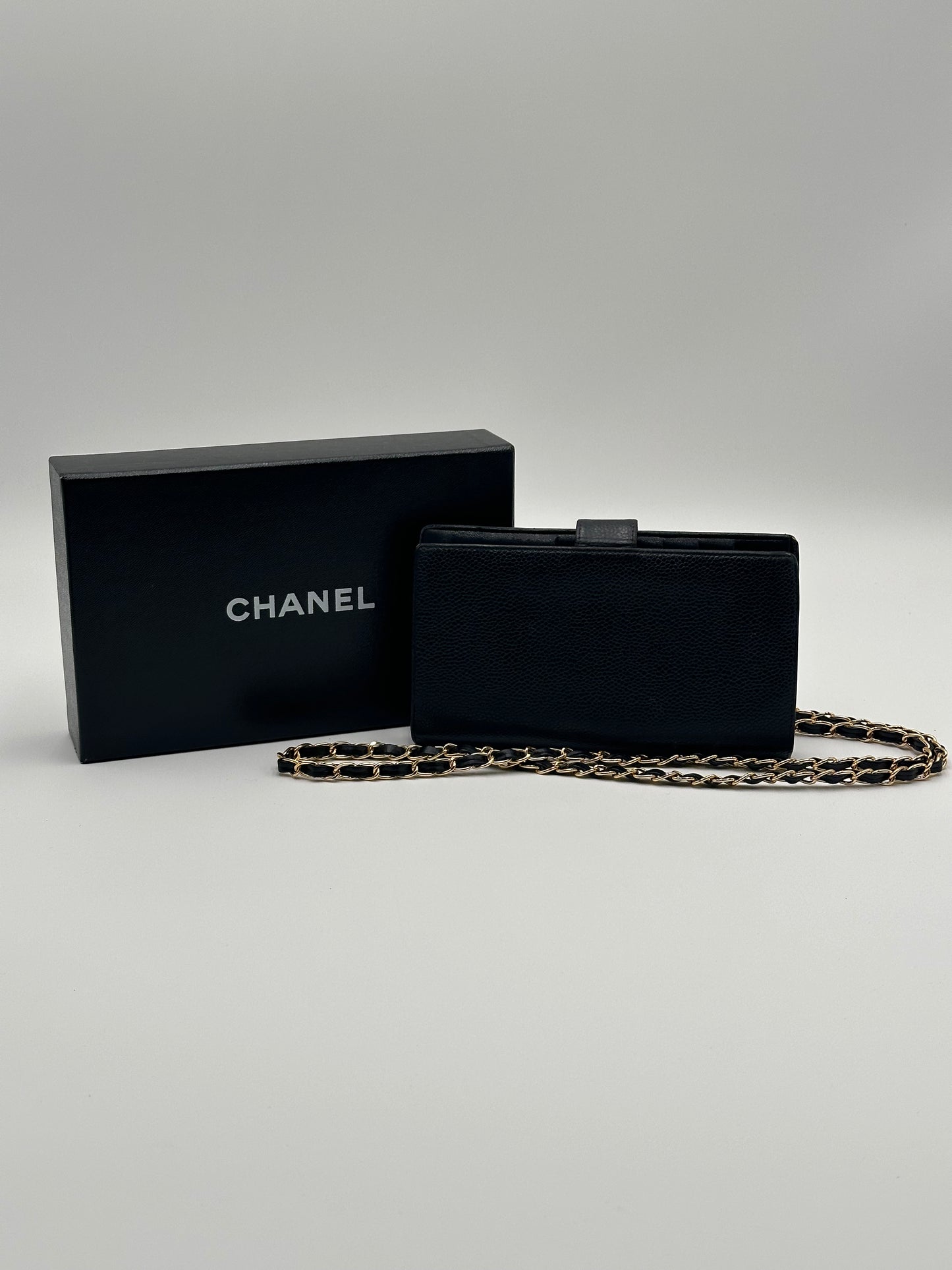 Authentic CHANEL Black Caviar Kisslock Long Bifold