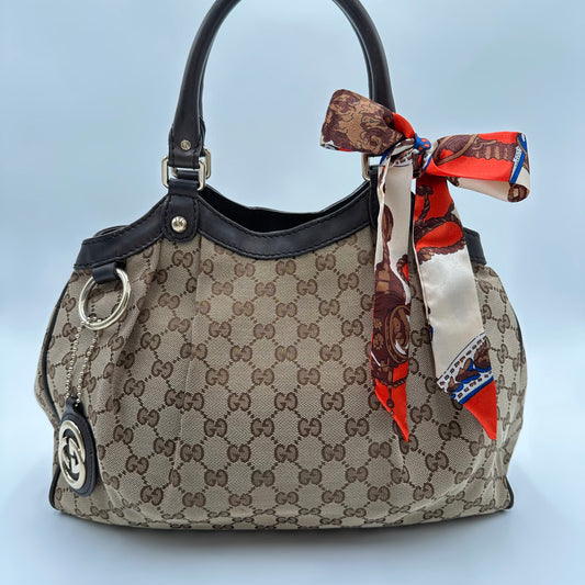 Authentic GUCCI GG Canvas Brown Sukey Tote Handbag