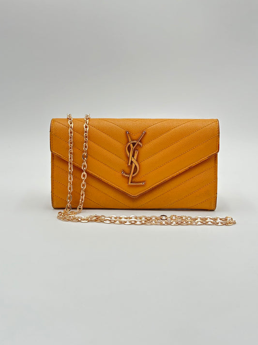 Authentic YSL Matelasse Envelope Wallet in Yellow + Generic Gold Chain